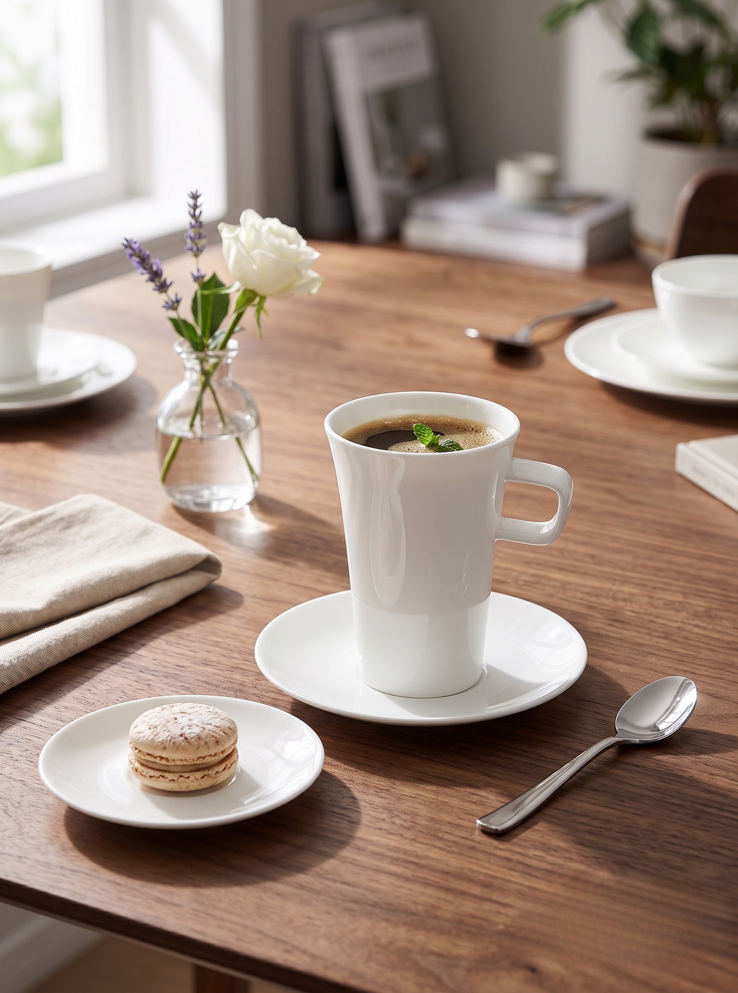 Cup of coffee with a cookie on a wooden table with a vase of flowers and books in the background.