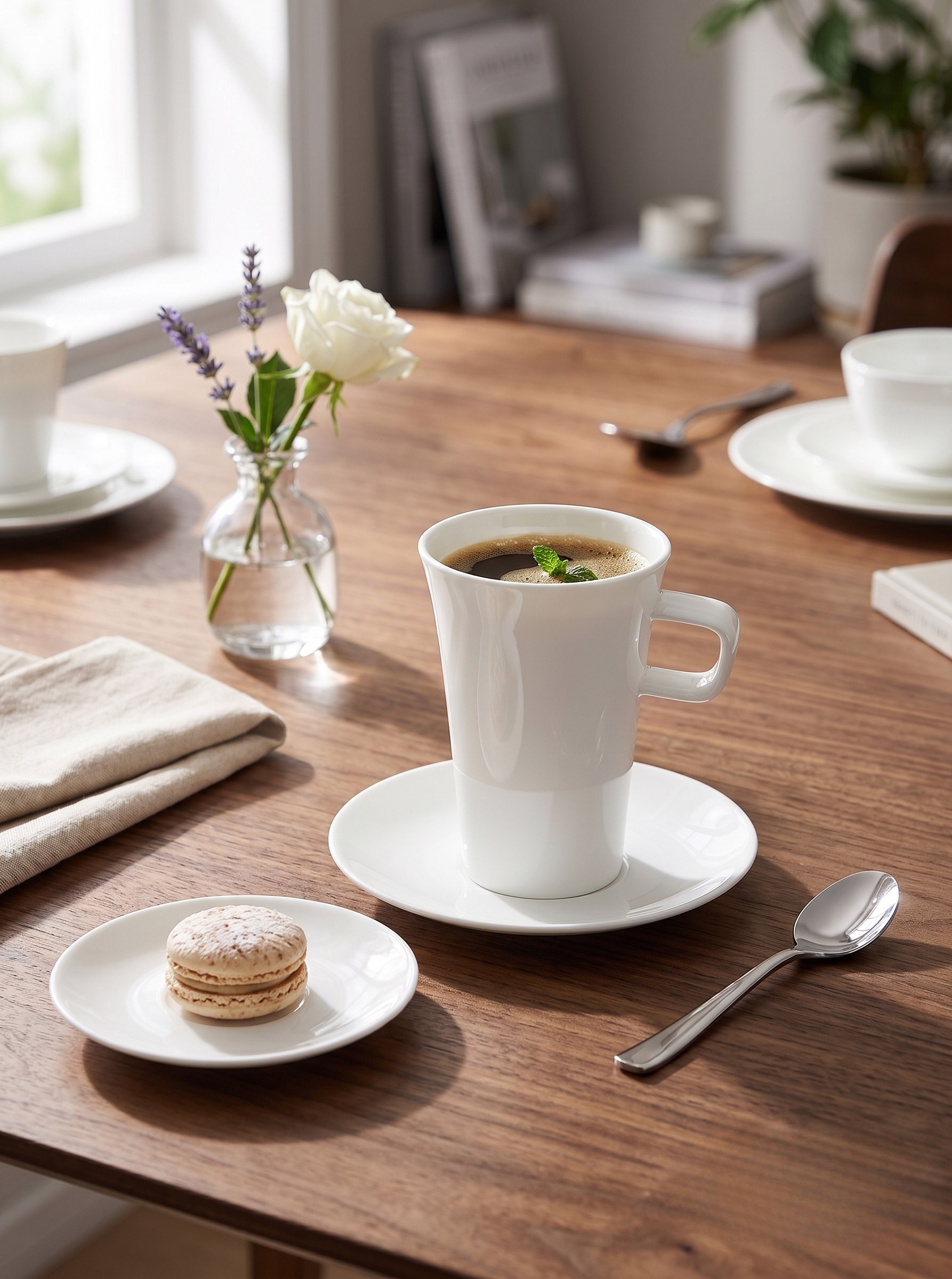 Cup of coffee with a cookie on a wooden table with a vase of flowers and books in the background.