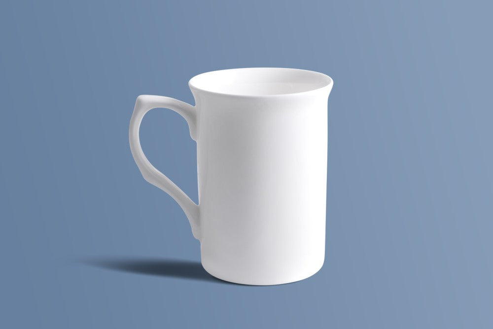Plain white bone china coffee mug with a softly flared rim, shown from the side.