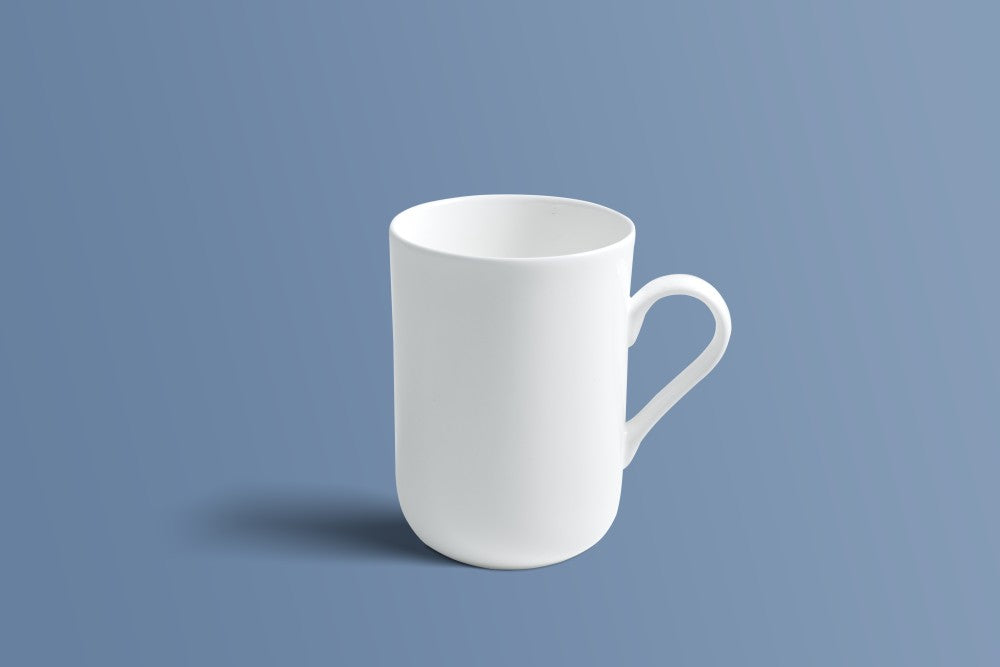 Plain white fine bone china coffee mug by Otava, the undecorated version of the English Violet design.