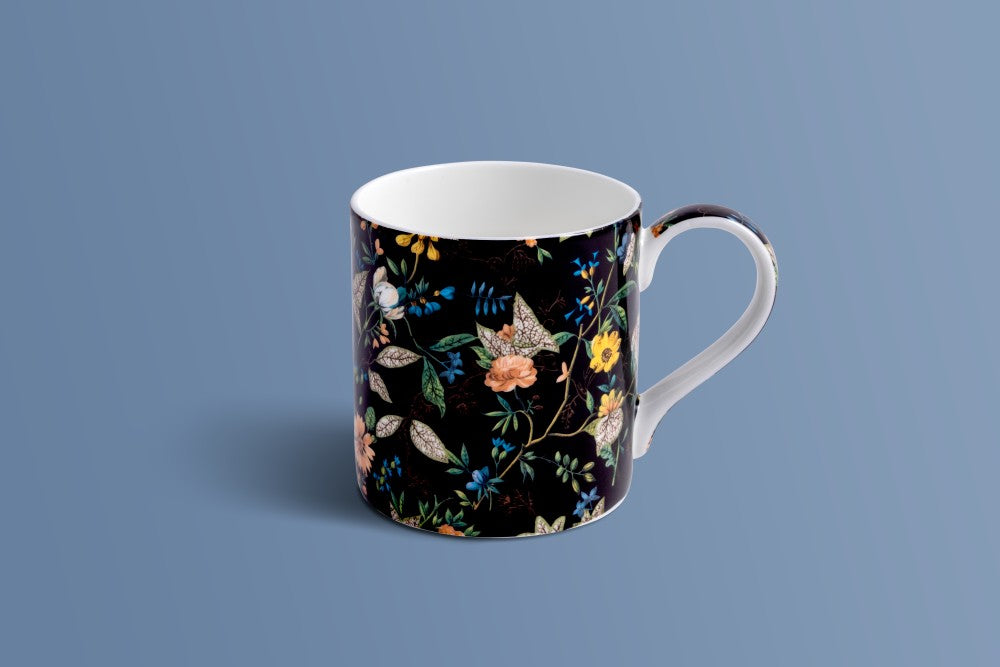 Botanica Noir fine bone china coffee mug by Otava, colourful botanical print on a near-black ground.
