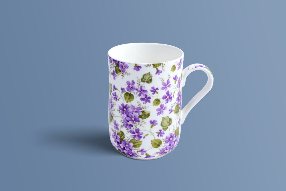 English Violet fine bone china coffee mug by Otava, purple violet chintz pattern on a white ground.