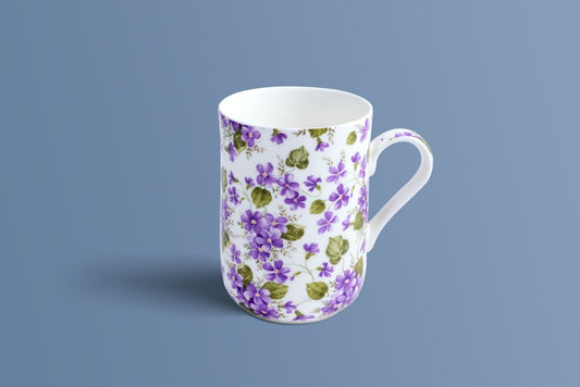 English Violet fine bone china coffee mug by Otava, purple violet chintz pattern on a white ground.
