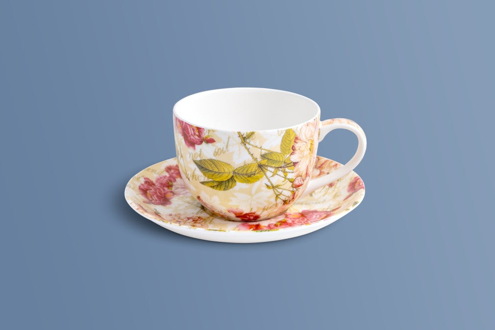 Rose & Verse fine bone china coffee cup and saucer by Otava, pink roses and script on a cream ground.