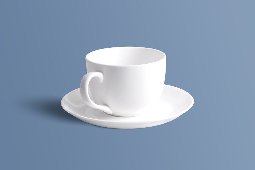 Plain white fine bone china coffee cup and saucer by Otava, the undecorated version of Rose & Verse.