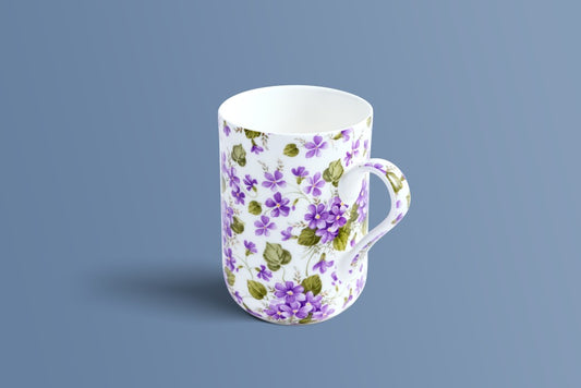 English Violet bone china mug shown from the side, dense purple violets and green leaves on white.