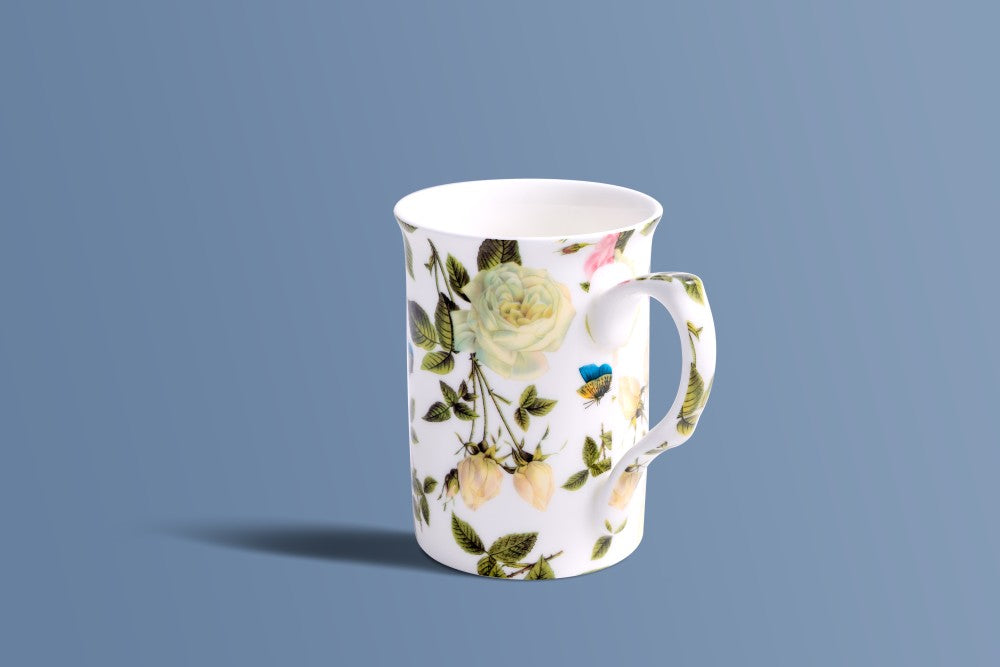 English Rose & Butterfly bone china coffee mug shown from the side, rose chintz pattern on white.