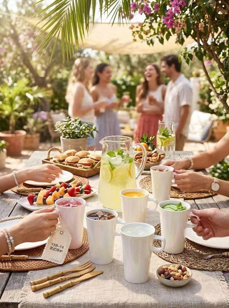 People enjoying a outdoor gathering with drinks and snacks on a wooden table.