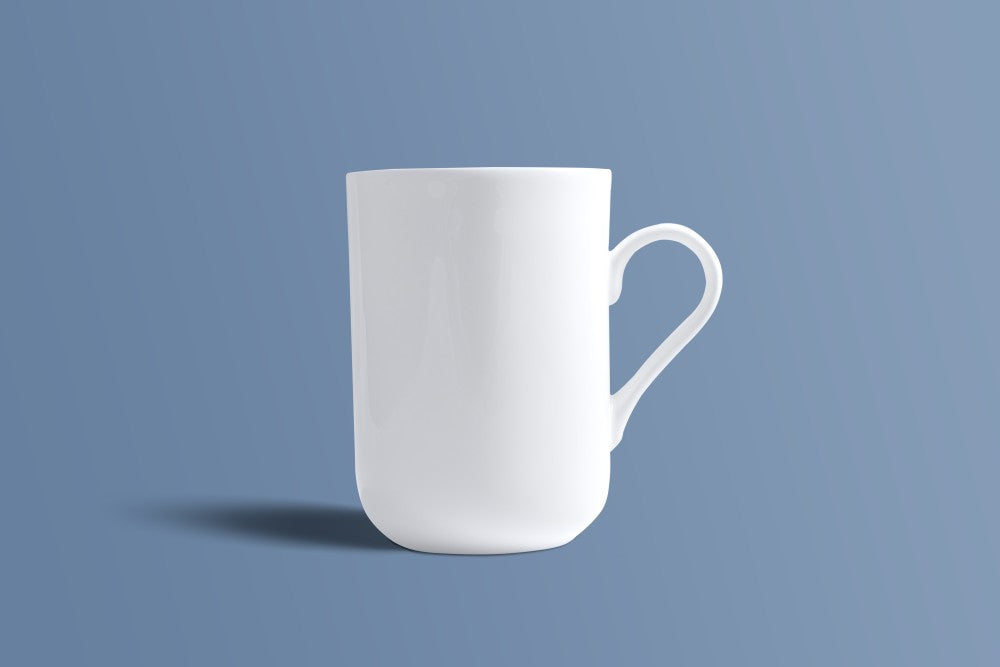Plain white bone china coffee mug with a curved handle, undecorated finish.