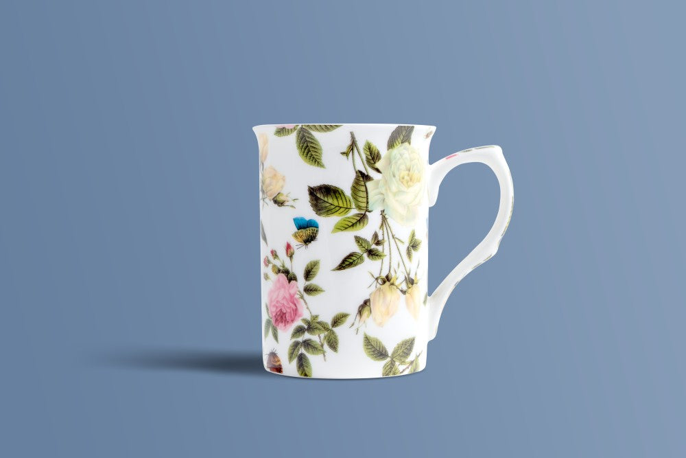 Tall English Rose & Butterfly bone china mug with a softly flared rim and all-over rose pattern.