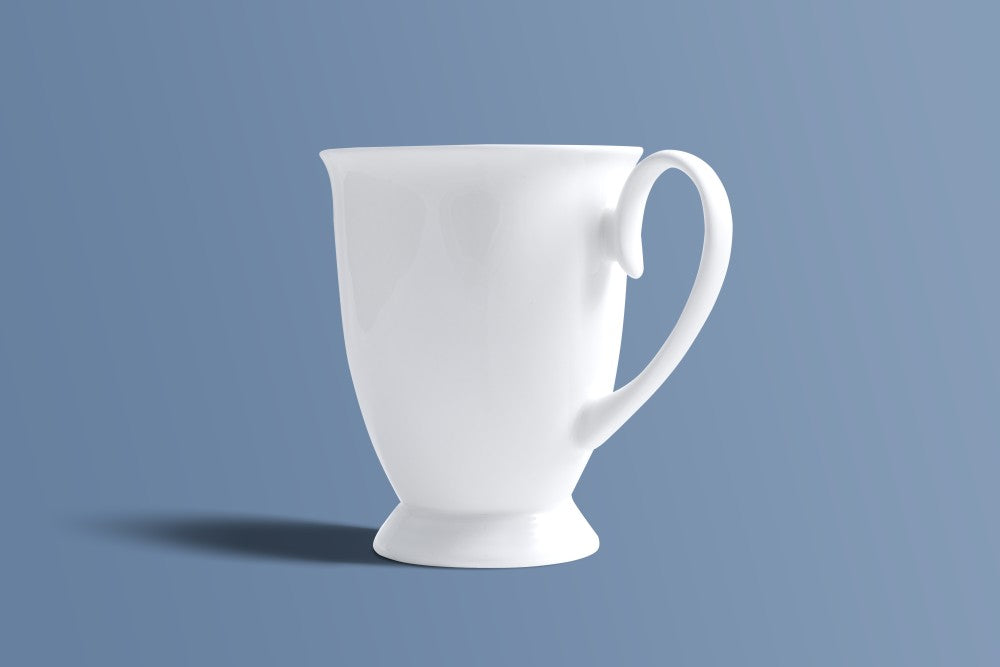 Plain white bone china coffee mug with a flared pedestal foot, undecorated finish.