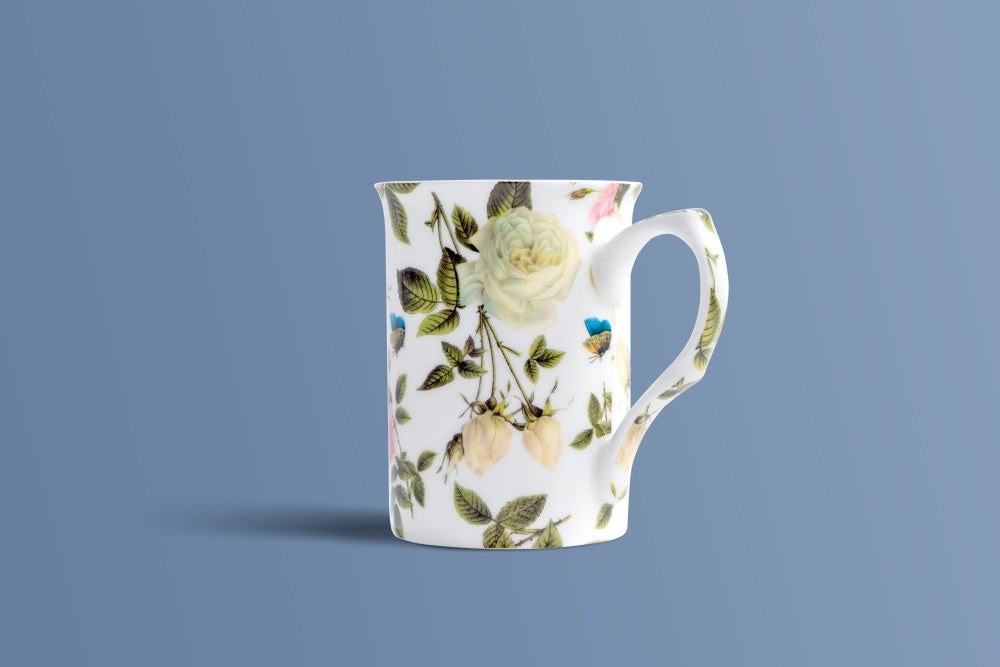 English Rose & Butterfly fine bone china coffee mug by Otava, garden roses and a blue butterfly on a white ground.