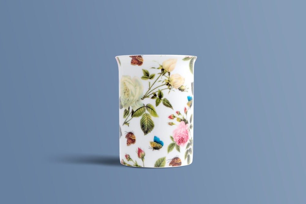 English Rose & Butterfly bone china mug showing more of the rose and butterfly chintz design.