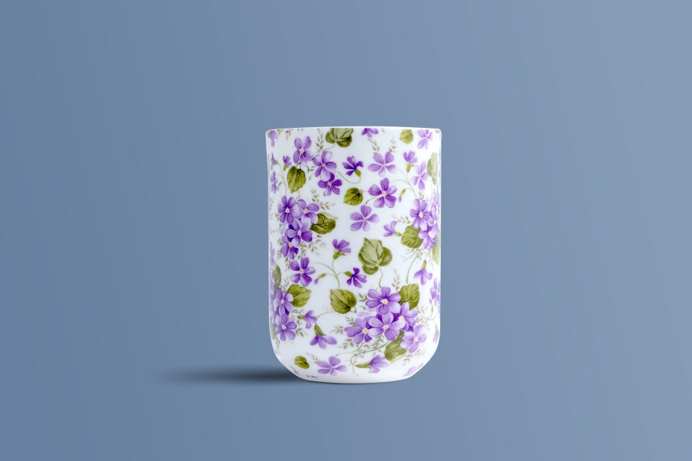 Otava English Violet bone china mug, slim silhouette with delicate purple violet sprigs.