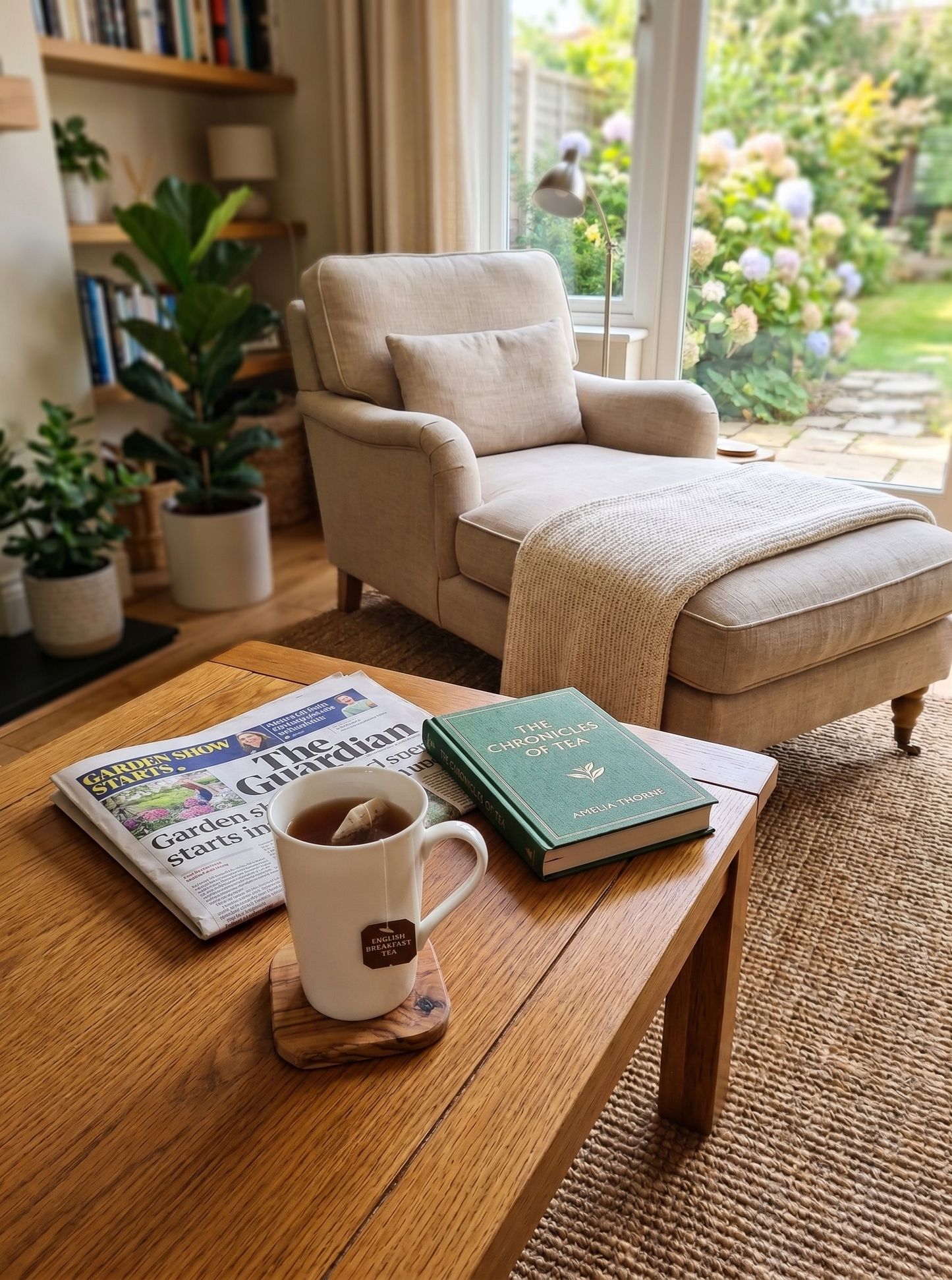 Cozy living room with a coffee table featuring a newspaper, mug of tea, and book.
