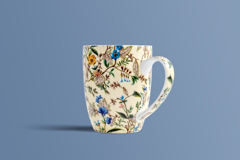 Botanica Cream fine bone china coffee mug by Otava, dense botanical print on a warm ivory ground.