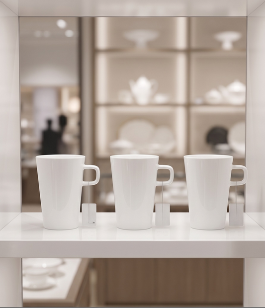 Three white mugs on a shelf with a blurred interior background