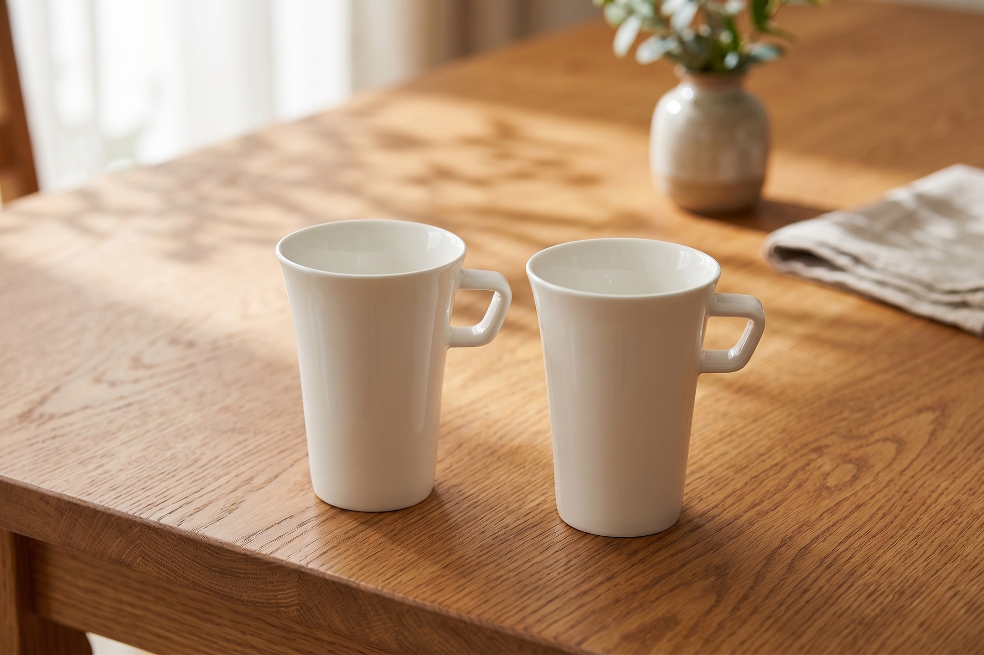 Two white mugs on a wooden table with a vase and cloth in the background.
